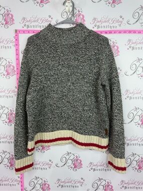 Roots cabin sweater Marled Gray Crewneck Sweater Contrast Stripe Hem wool knit